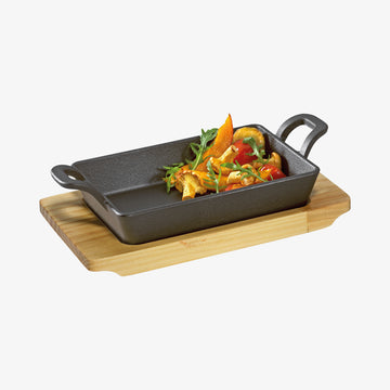 Rektangulær serveringspande med håndtag & træplade