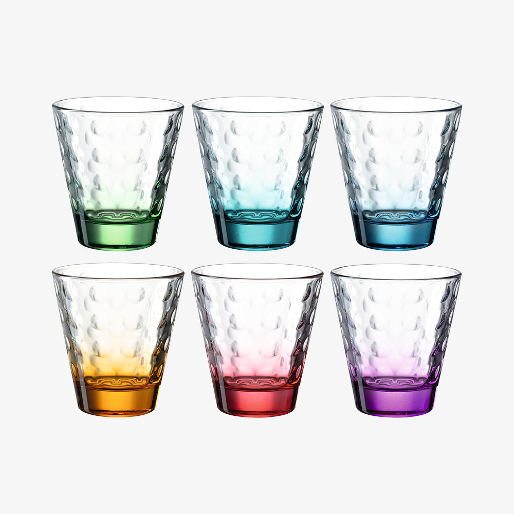 Optic glas kommer i to forskellige stoerrelser og seks forskellige farver.
